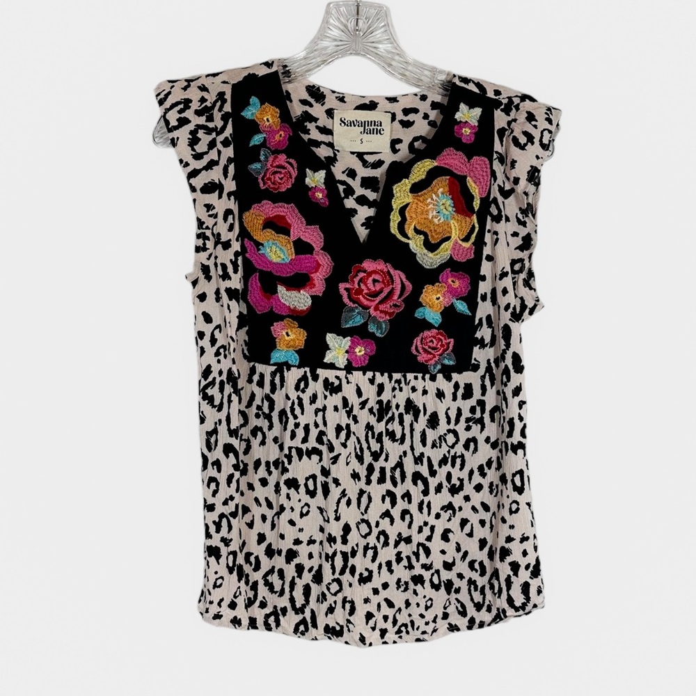 Savanna Jane Floral Leopard Embroidered Top Flutter Sleeve Sz Small Casual Cute